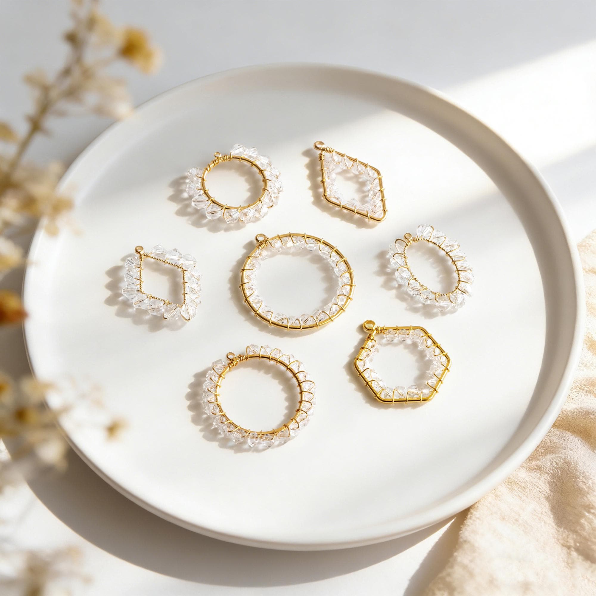 10pcs Gold Geometric Beaded Charms, Wired Crystal Glass Beads Geometric Pendants, Dangle Earring Components (GB-552)